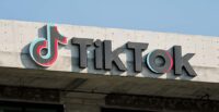 The TikTok logo is pictured on the company's headquarters
