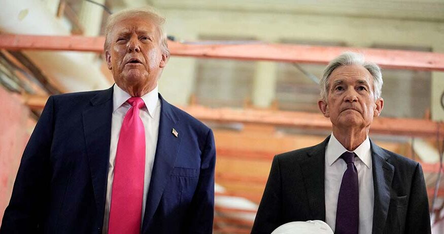 President Donald Trump and Federal Reserve Chair Jerome Powell speak during a tour of the Federal Reserve Board building