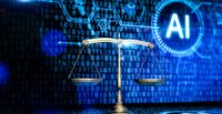 Cyber law or internet law concept with 3d rendering law scale with artificial intelligence program