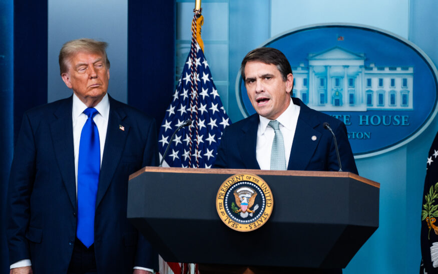 President Donald Trump, alongside then-deputy attorney general Todd Blanche, in the White House briefing room