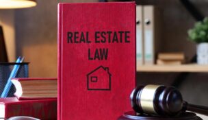 The words "Real Estate Law" are shown on a red book standing on edge on a table in a law office
