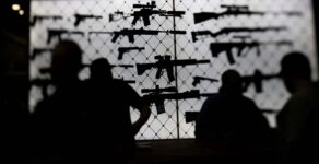 AR-15 rifles are displayed at an exhibition booth during the National Rifle Association annual convention in Dallas