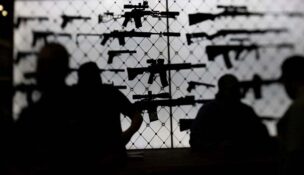 AR-15 rifles are displayed at an exhibition booth during the National Rifle Association annual convention in Dallas