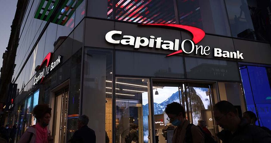 Signage is seen outside a Capital One Bank in New York City on November 12, 2021