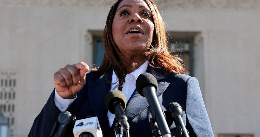 FILE PHOTO: New York Attorney General Letitia James speaks to the media in Norfolk, Virginia, U.S., October 24, 2025. REUTERS/Jonathan Ernst/File Photo/File Photo