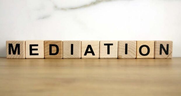 Mediation word from wooden blocks, communication process concept