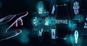 Deepfake deep learning fake news generator modern internet technology concept.