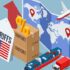 Isometric showing rising US import tariffs, affecting global logistics with plane, cargo ship, truck, and map route symbolising Import tariffs, trade war and economic conflict